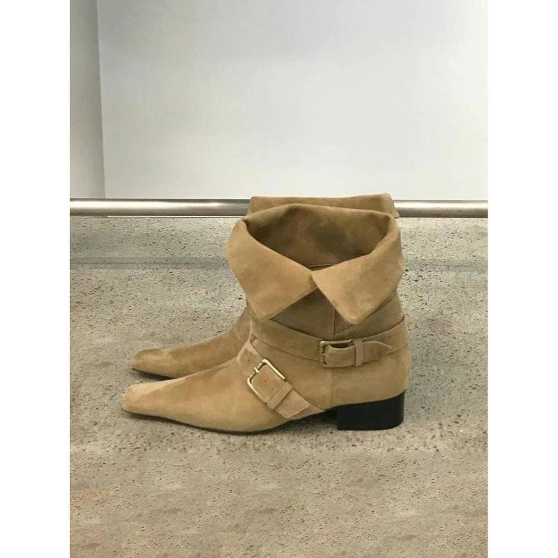 Cowhide Version Boots Women's New Retro Square Head Suede Short Boots Women's Thick Heel Wide Tube Boots Foldable Brown Western Boots