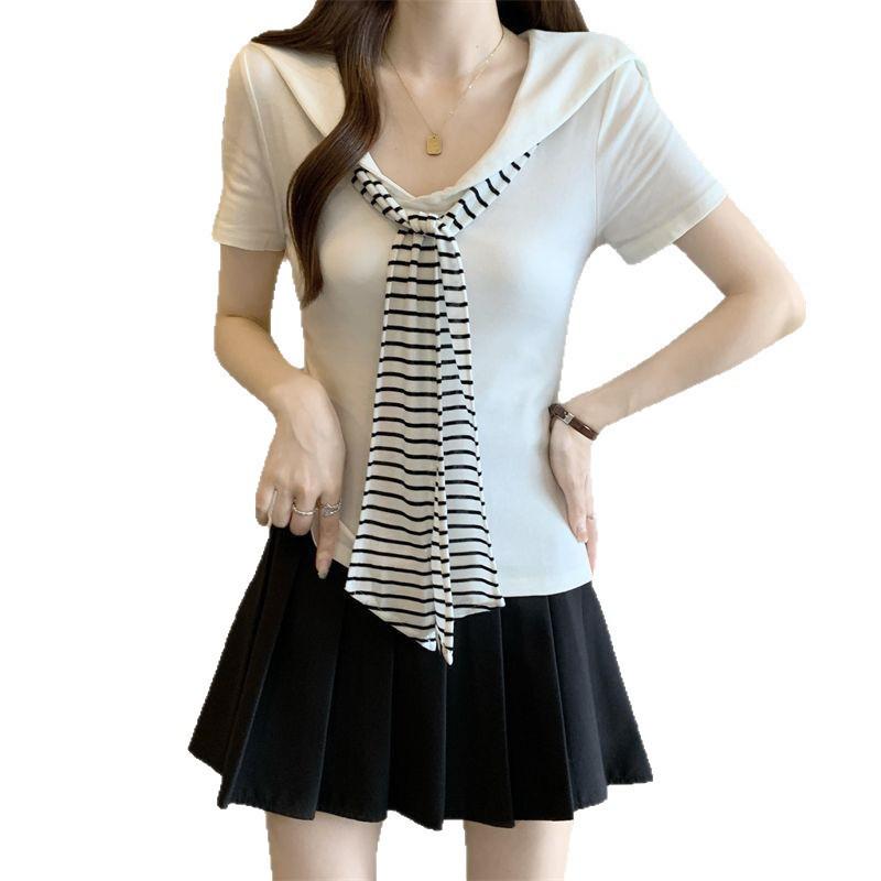 Women's Plus Size Navy Striped Collar Short Sleeve T-Shirt - Summer Versatile Loose Fit, Slimming Fashion Top