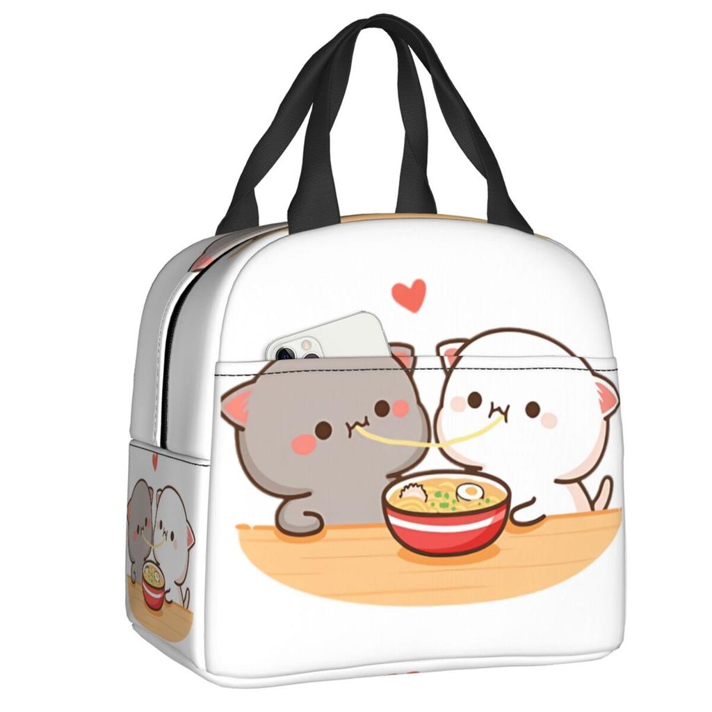 Custom Peach And Goma Mochi Cat Eating Ramen Thermal Insulated Lunch Bags Women Portable Lunch Container Travel Storage Food Box