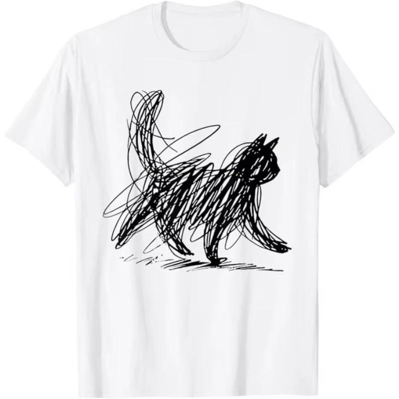 2026 Trendy Streetwear Minimalist Cat Art T Shirt Wounisexs Unisex Tee Casual Summer Oversized Humor Sh