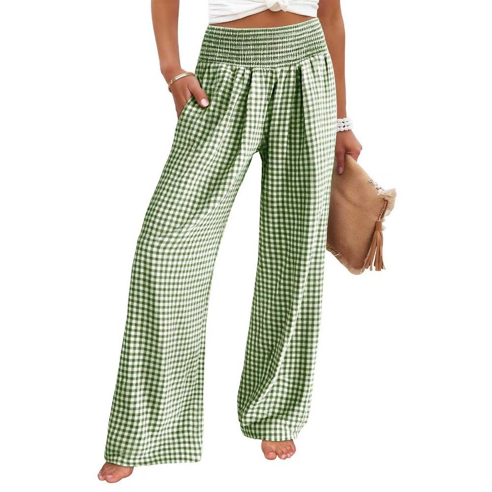 Women's Elastic Waist Straight Leg Long Pants Relaxed Fit Casual Plaid Striped Trousers