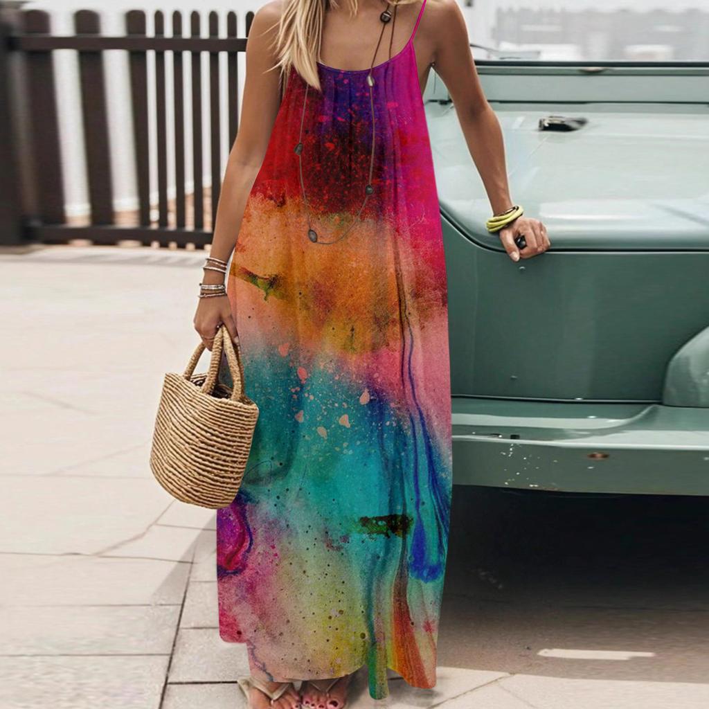 Dámské Módní Ležérní Volné Šaty s Květinovým Potiskem a Úzkými Ramínky Bez Zad