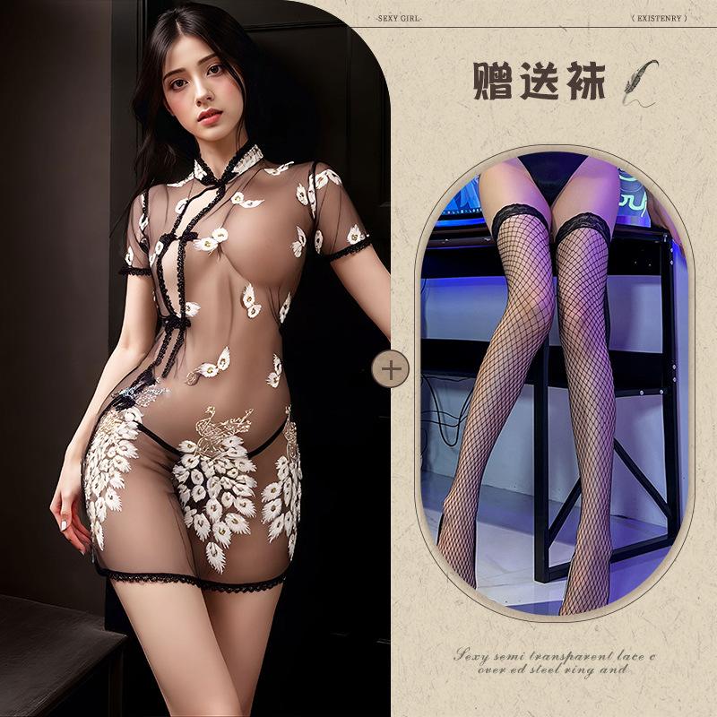 Embroidery embroidery erotic underwear sexy perspective temptation pure desire pajama set Republic of China cheongsam set