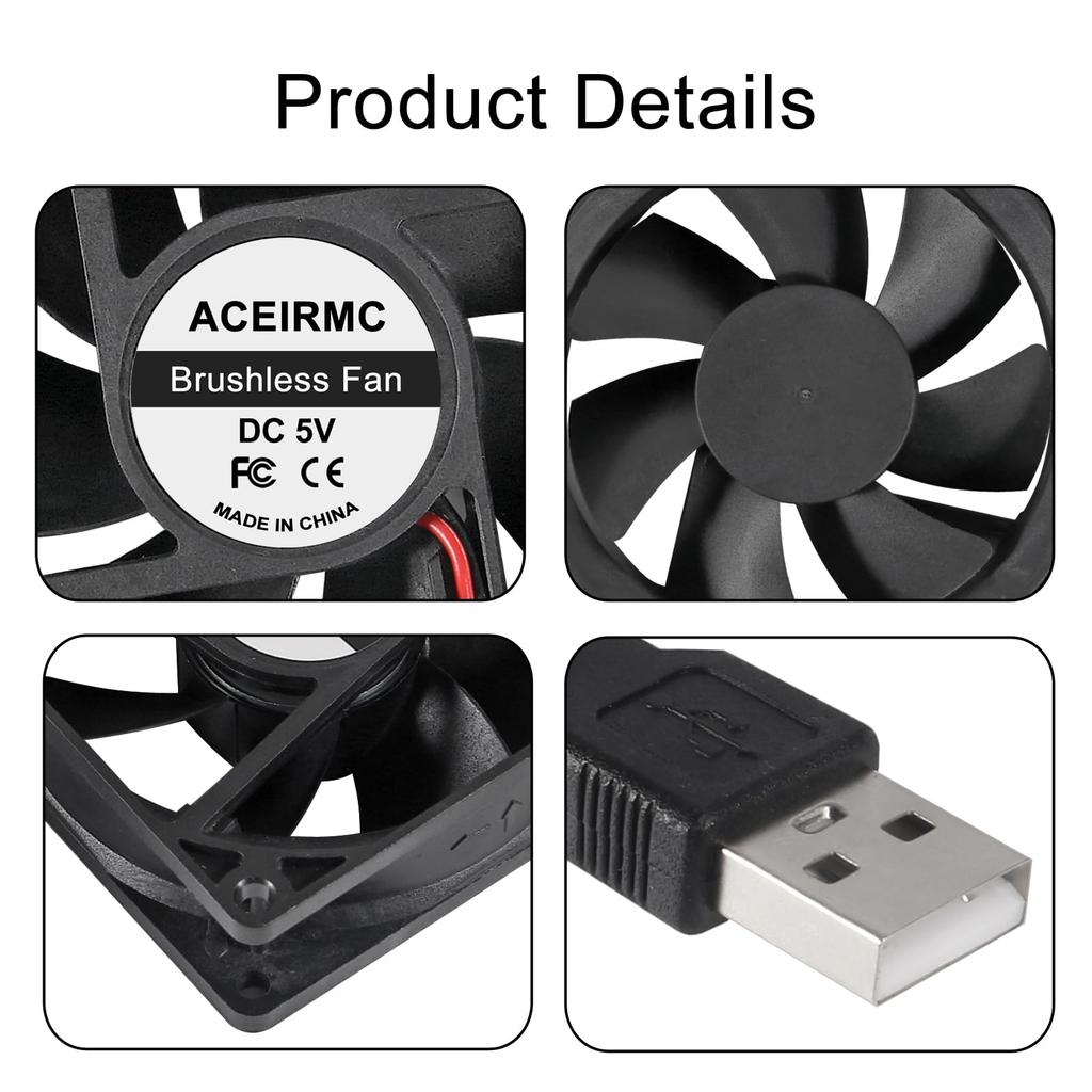 ACEIRMC 80mm USB Fans, 4-Pack, 5V Brushless 8025, 80x25mm, Cooling for DIY PC Computer Cases, 3D Printers, CPU Coolers, Radiators (5V USB)