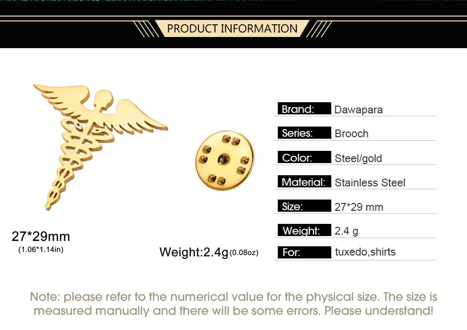 Dawapara Caduceus Symbol Brooch Pin Medical Symbol Accessories Travelers Talisman Graduation Gift Stainless Steel Jewelry