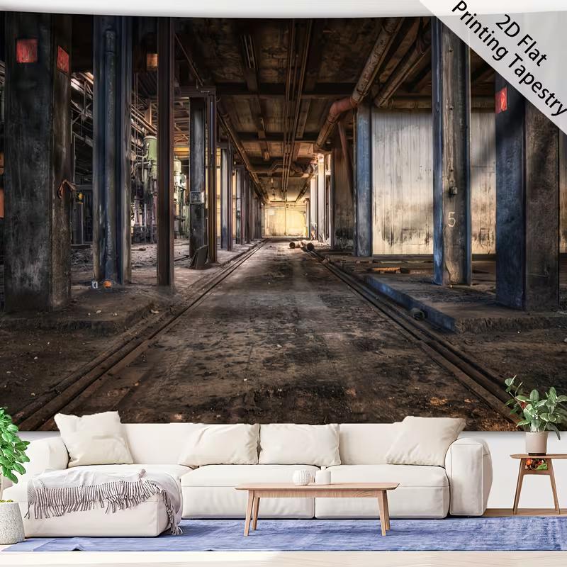 2D Grunge Factory Tapestry Vintage Warehouse with Railroad Tracks Wall Background