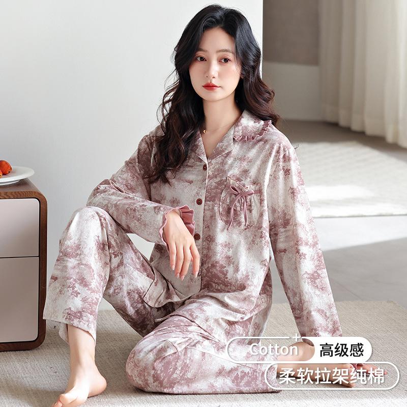 Pajamas women's spring and autumn 1011 new cotton long-sleeved cardigan can be worn outside autumn high-end large-size loungewear