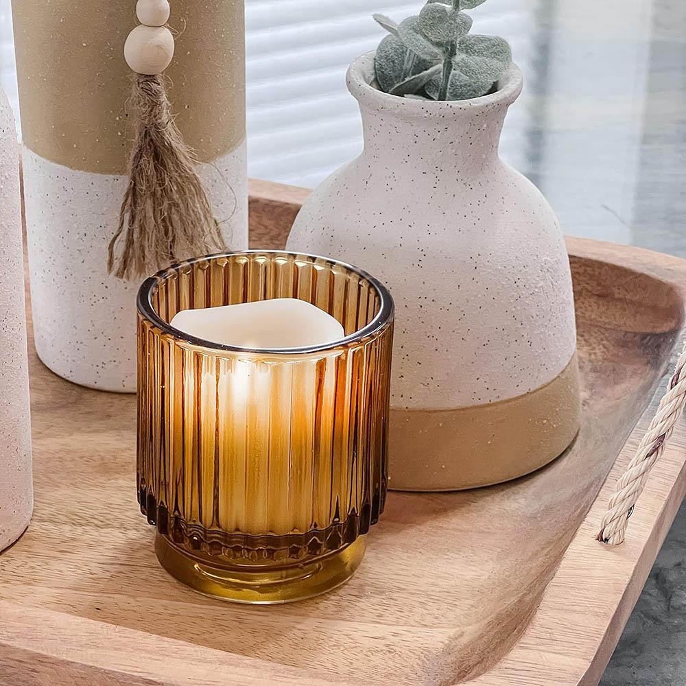 Vintage Ribbed Amber Glass Tealight & Votive Candle Holders , Fall Decor, Boho Decor, Shelf Decoration