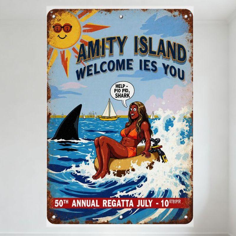 

Vintage Amity Island Metal Sign Jaws - Themed Retro Beach Shark Fin Decor 50th Annual Regatta July - 10 Rustic Distressed Tin Pl 20x30cm（7.8x11.8inch）