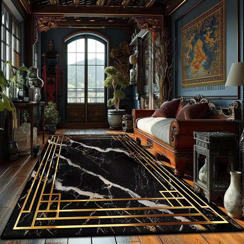 Modern Golden Frame Marble Carpet Luxury Lounge Rug Large Area Living Room Sofa Decoration Rug Bedroom Decor Bedside Floor Mat