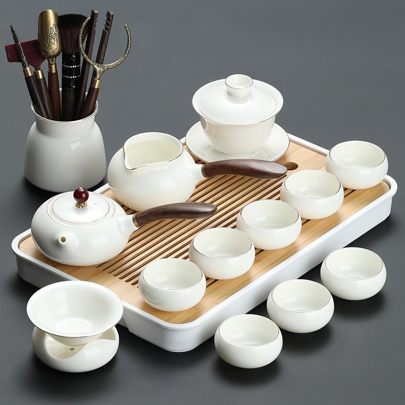 Goat Jade White Porcelain Kung Fu Tea Set Home Brewing Teapot Covered Bowl Chinese Light Luxury Brewing Tea Cup Office Guests
