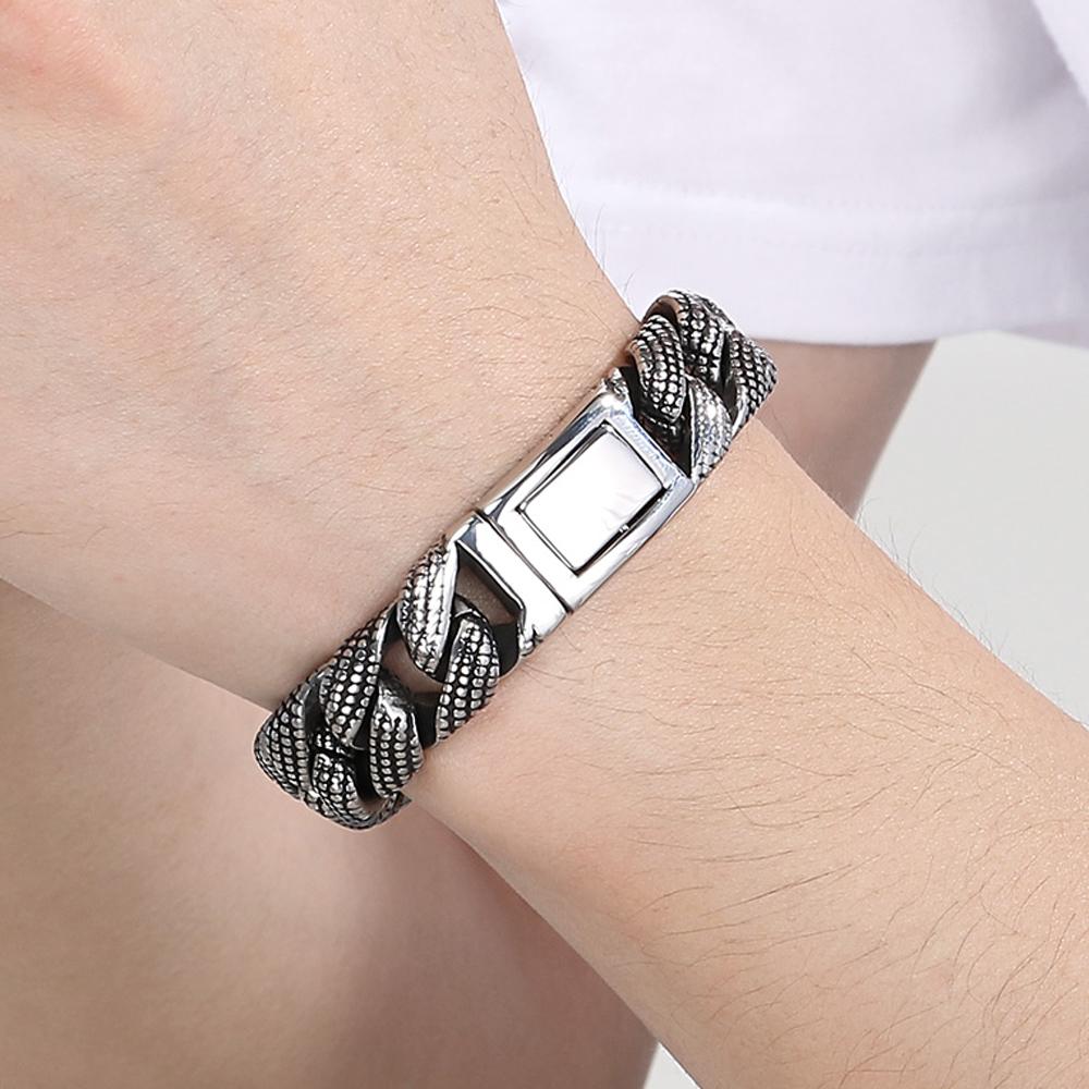 Gótikus Férfi Karkötők Vintage 15MM Szélességű Tömör Rozsdamentes Acél Kockalánc Kubai Lánc Karkötő Férfi Férfi Ékszerek Ajándékok 2 Szín