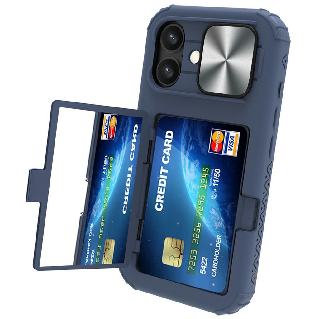 For iPhone 16 Case Card Holder Mirror PC+TPU Phone Shell with Lens Cover