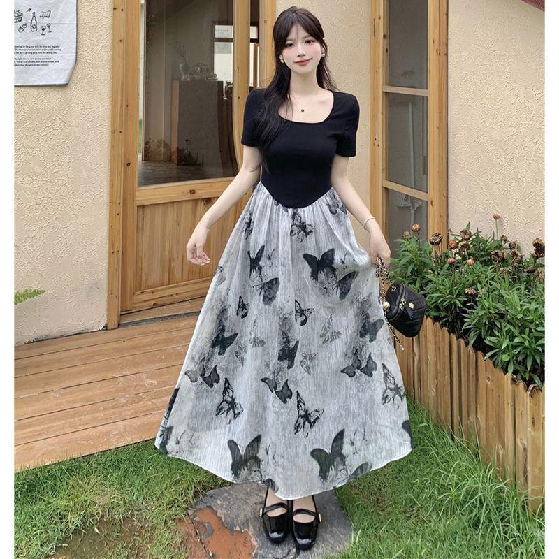 Large size women's clothing fat mm retro ink painting butterfly printing long dress women's niche design waist fake two-piece dress