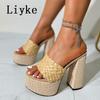 Fashion Liyke Cozy Wood Thick Bottom Open Toe 13.5CM Square High Heels Platform Slippers For Woman Shoes Summer Sandals Zapatos Mujer