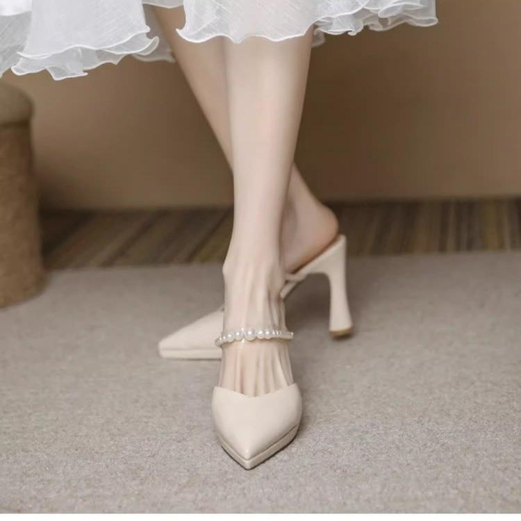 Fashion Women Slippers Female Shoes Pointed Toe Mules for Women 2024 Thin Heels Slippers Soft Beige Heeled Slides Fashion New Comfort