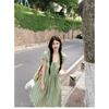 Green Plaid Bubble Sleeve Dress Women's Summer Thai Dopamine Bright Xinjiang Seaside Vacation Long Skirt