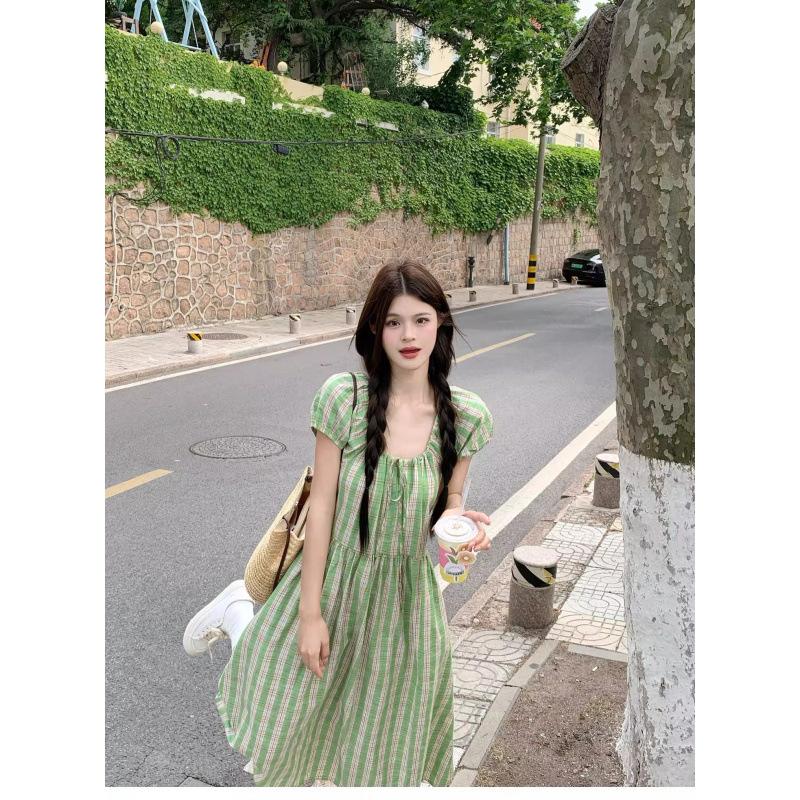 Green Plaid Bubble Sleeve Dress Women's Summer Thai Dopamine Bright Xinjiang Seaside Vacation Long Skirt