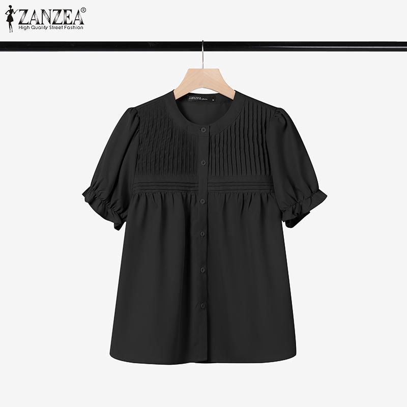 ZANZEA Women Summer Round Neck Puff Short Sleeve Casual Blouse