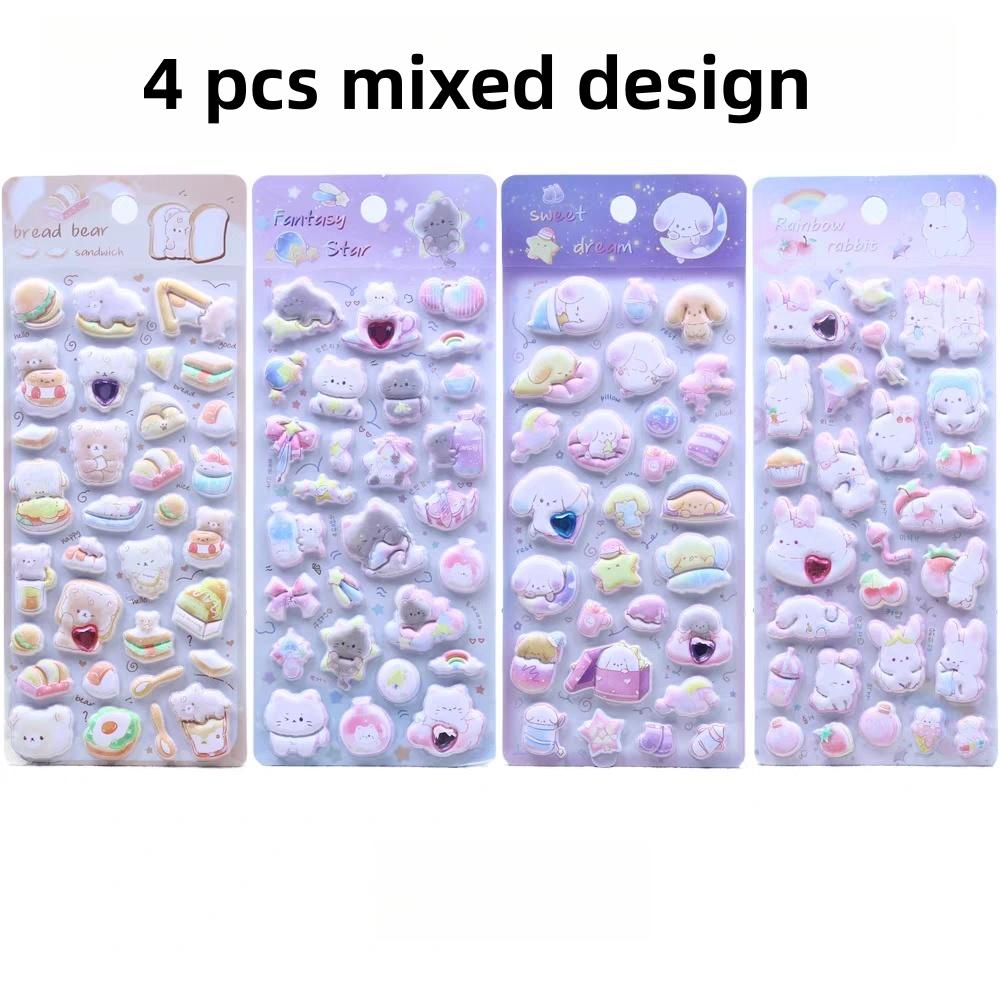 4 pcs Cartoon Animals Dream Bear Rabbit 3D Puffy Sticker Scrapbooking Diy Journal Stationery Sticker Cute Decor School Supplies