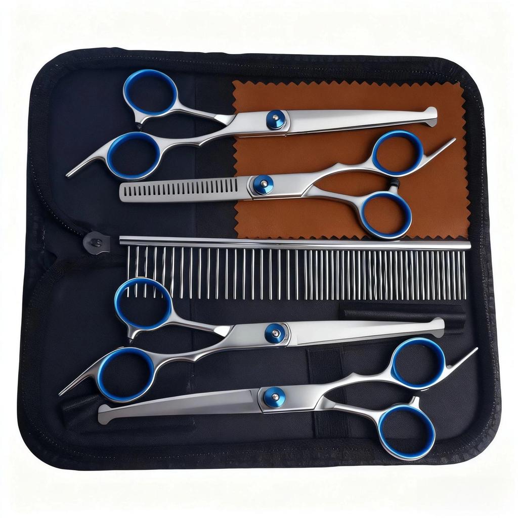 Portable Pet Grooming Scissor Set: Flat & Curved Hairdressing Tools
