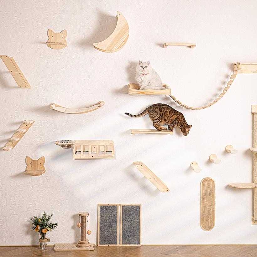Wall Mounted Cat Bridge Cat Hammock with Wood Stairway or Scratching Post for Cats Perch and Playing Cat Indoor Playground