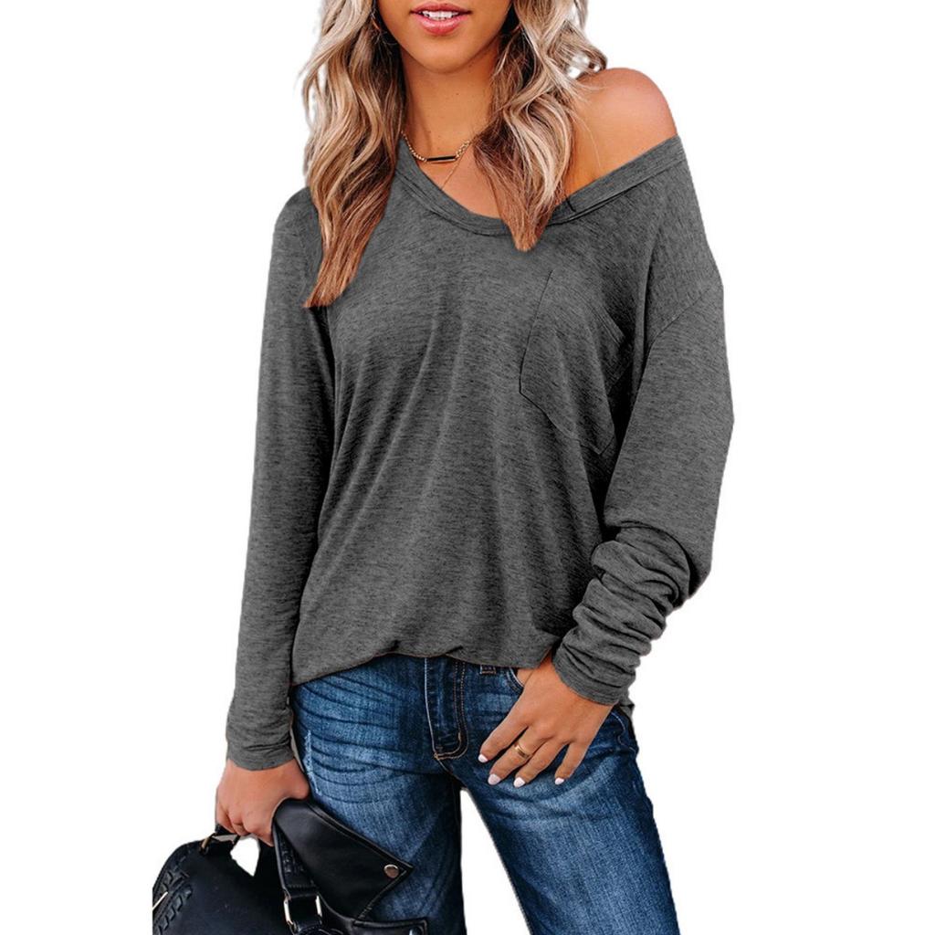 Neues einfarbiges V-Ausschnitt lockeres Langarm-T-Shirt für Damen, lässige Oberteile für Damen, grenzüberschreitende Kleidung im europäischen und amerikanischen Stil