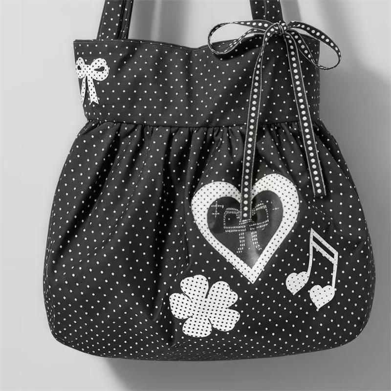 Koreanische Gepunktete Schultertasche Damen Nylon-Tragetasche Niedliche Schleife Liebe Notiz Gedruckte Tragetasche Rock Design Magnetverschluss Achseltasche