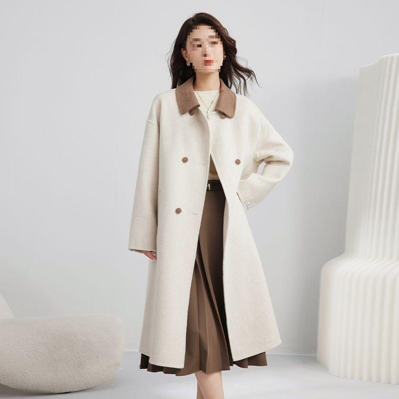 Women's Mid-Length Beige Wool Coat - Elegant French Casual Loose Fit, Petite Plus-Size, Thickened Winter Outerwear 2025.