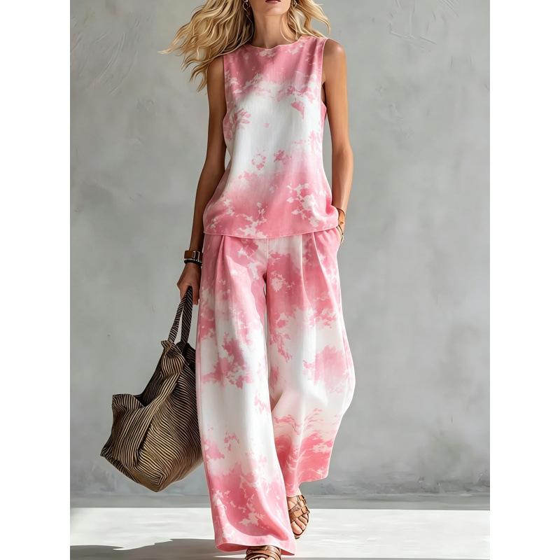 Rundhals-Oberteil weite Hosen zweiteiliges Set Damen Freizeitanzug Europäisch und Amerikanisch Sommer neu Regenbogen Batik ärmellos