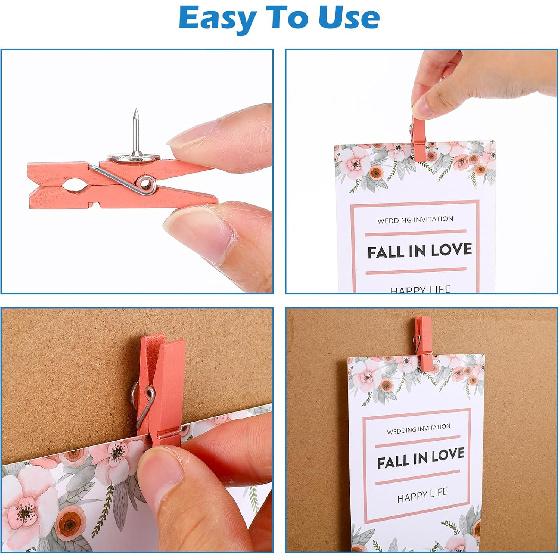 200 Pcs Push Pin Clips Bulk Wooden Clips with Tacks for Cork Board, Bulletin Board, Colorful Wood Clip with Push P for Classroom School Home Office