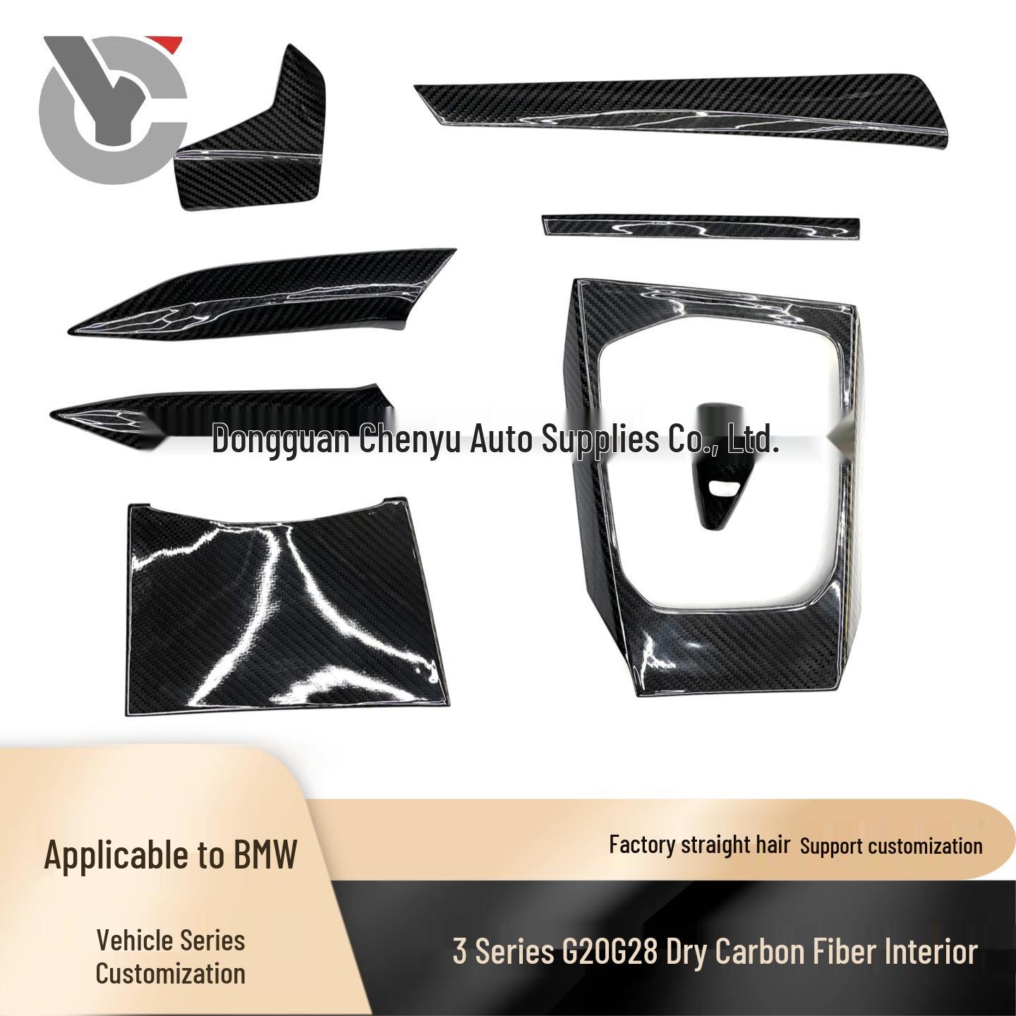 

Compatible with BMW 3 Series G20/G28: Dry Carbon Fiber Interior Dashboard, Console, Gear Shift, and Door Panel Upgrades.