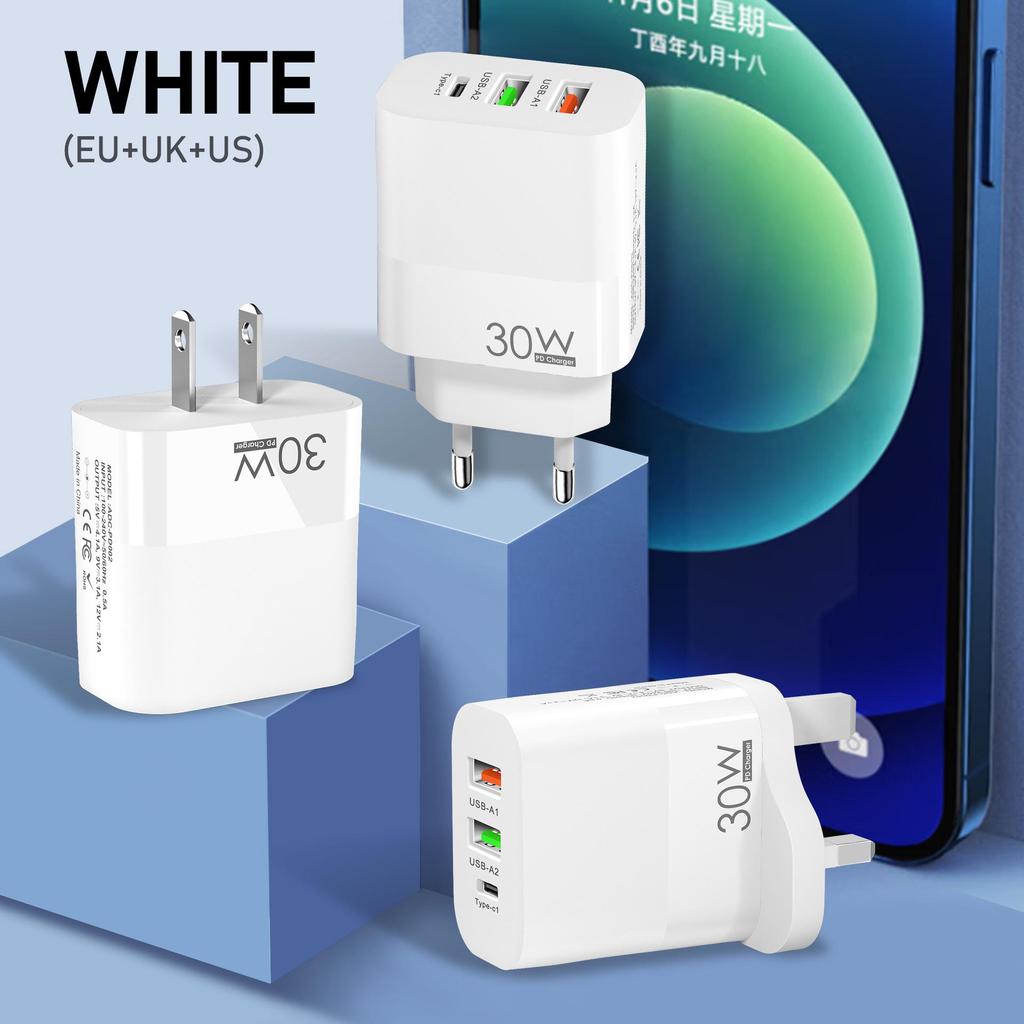 QC3.0 Multi-Port Charger: 2A+C, PD30W, European Standard, Fast Charging, Multi-Protocol