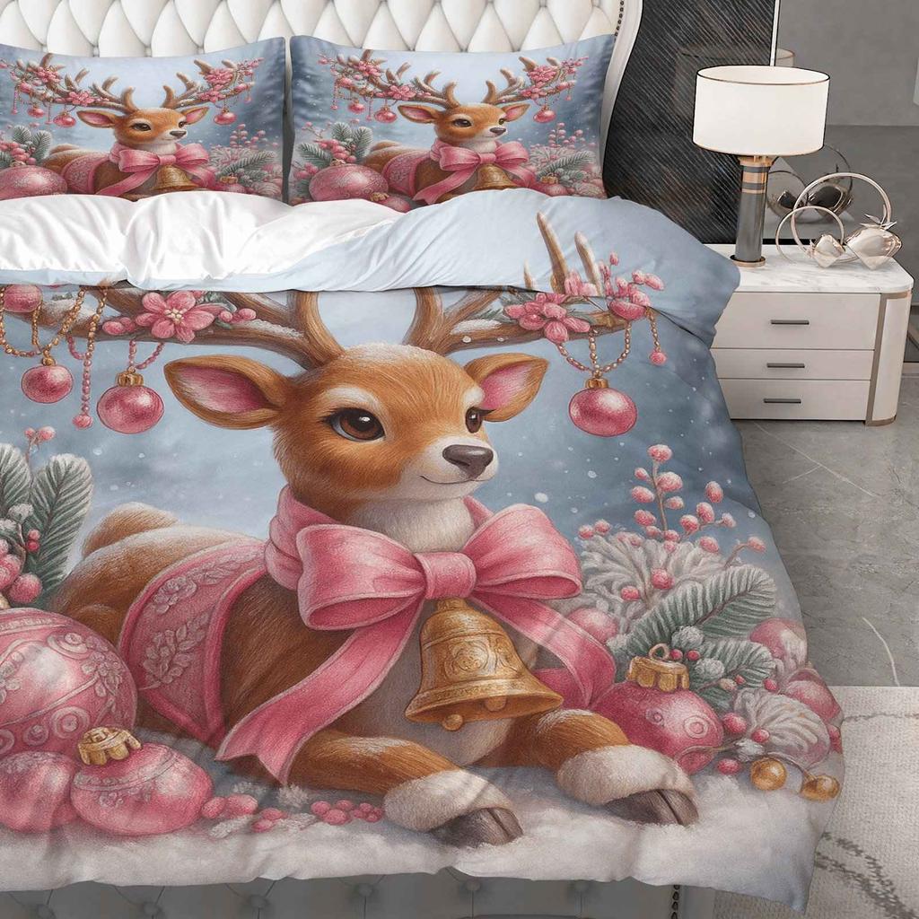 Comforter 3Pcs 1 Duvet+2 S Pink Christmas Deer Winter Snow Scene Theme Christmas Bedding Set Queen King Size