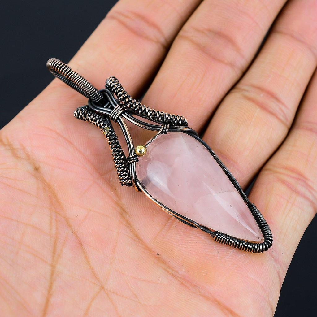 Rose Quartz Gemstone Pure Copper Wire Wrapped Handmade Pendant Jewelry For New Year Gift