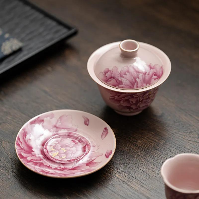 Peony Ru Yao Porcelain Gaiwan Set For Tea Tureen Teaware Cup Chinese Pink Ceramic Opening Tea Bowls Chawan Tea Ceramony Lily