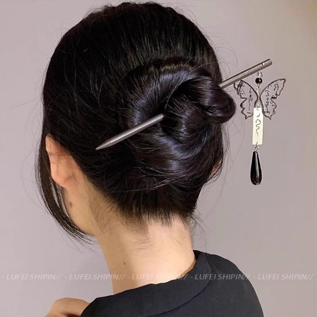Light Luxury Wooden Tassel Hairpin For Women Vintage Ink Butterfly Pendant Hair Stick Chinese Style Ebony Wood Hair Accessories