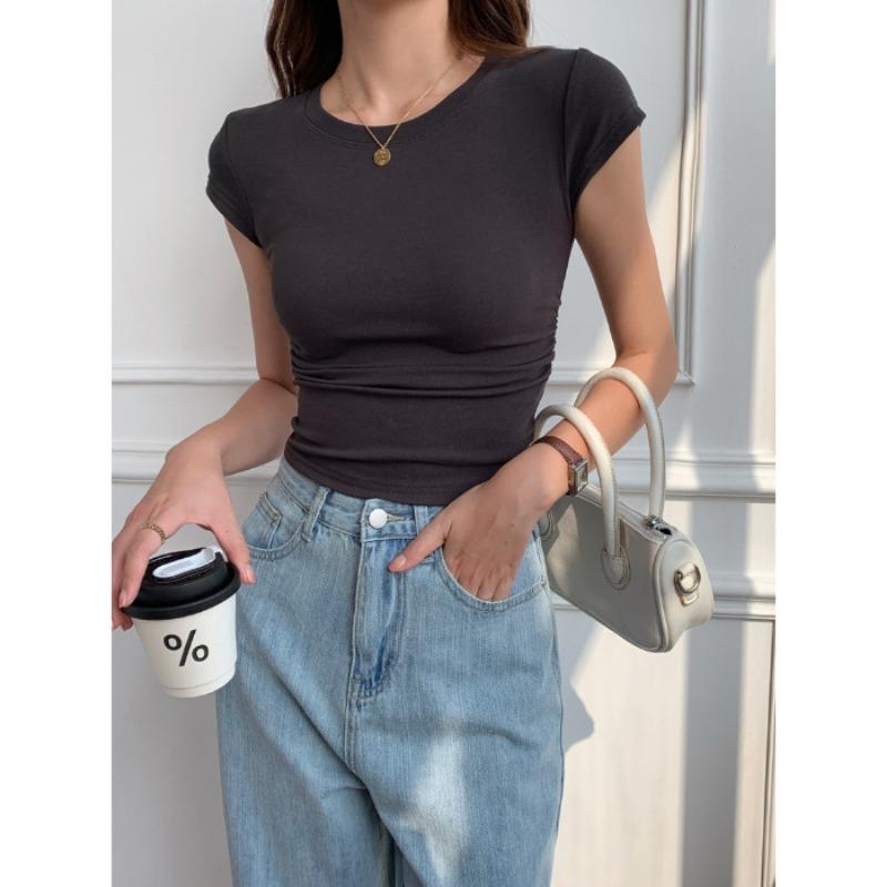 Women's T-shirt Short-sleeved Spring and Summer Slimming Design Sense Niche Card Waist Waist Is Shoulder Clothes
