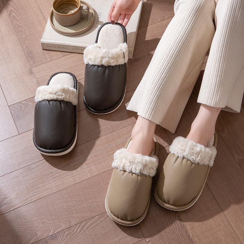 Women's & Men's Waterproof PU Leather Fur Slippers: Non-Slip, Warm, Indoor Cotton with Soft Sole for Autumn & Winter
