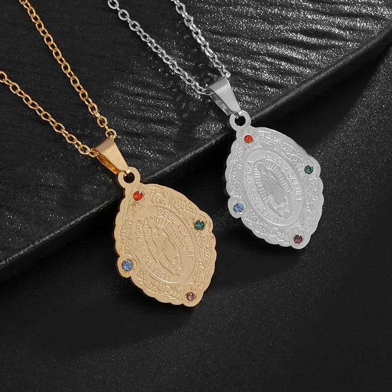 Stainless Steel Colored Zircon Catholic Virgin Mary Pendant Guadalupe Amulet Necklace Women Fashion Lucky Jewelry Gift