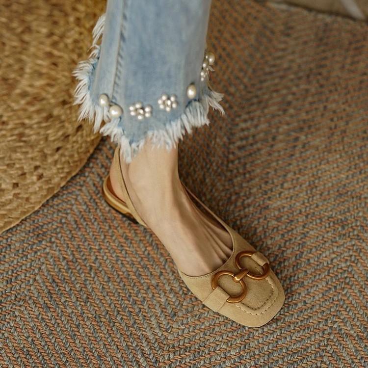 French low-heeled retro bag head sandals summer new rear empty horse buckle suede one-word sandals