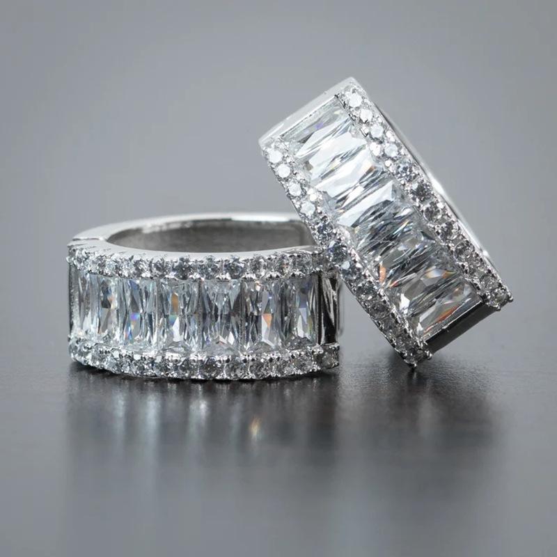 Wide Curved Half Hoop Earrings Center Baguette Cut Cubic Zirconia with Side Round Stone Paved Silver Tone Formal Banquet Ladies Accessories