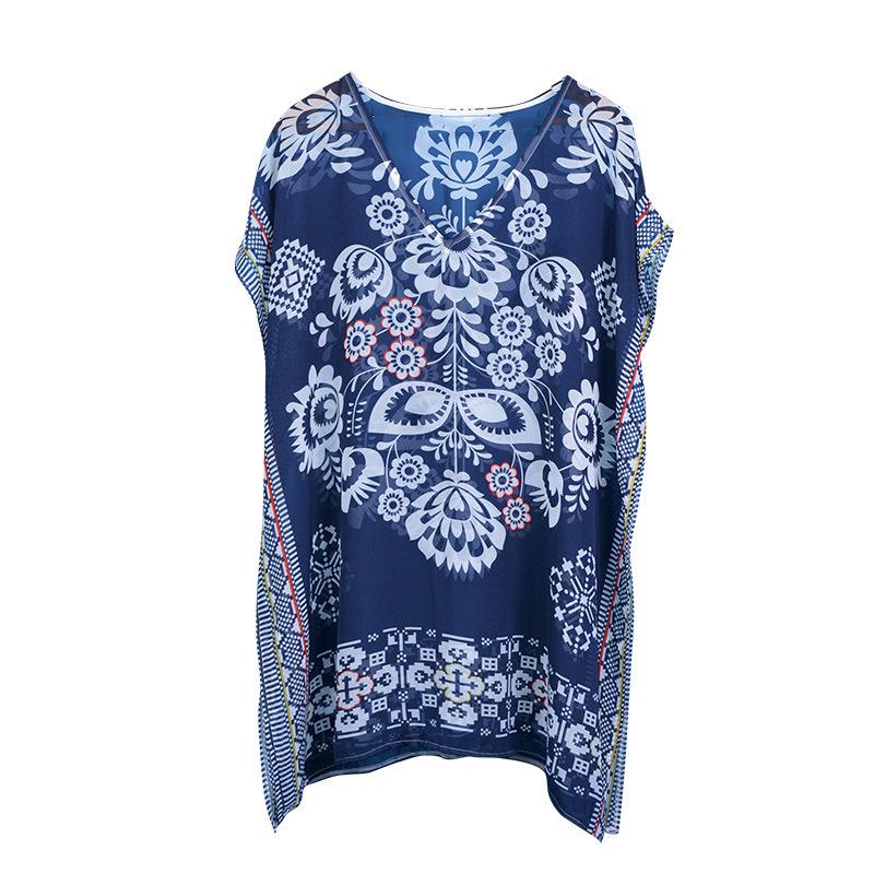 Navy Blue Floral Chiffon V-Neck Bikini Cover-Up Dress for Women