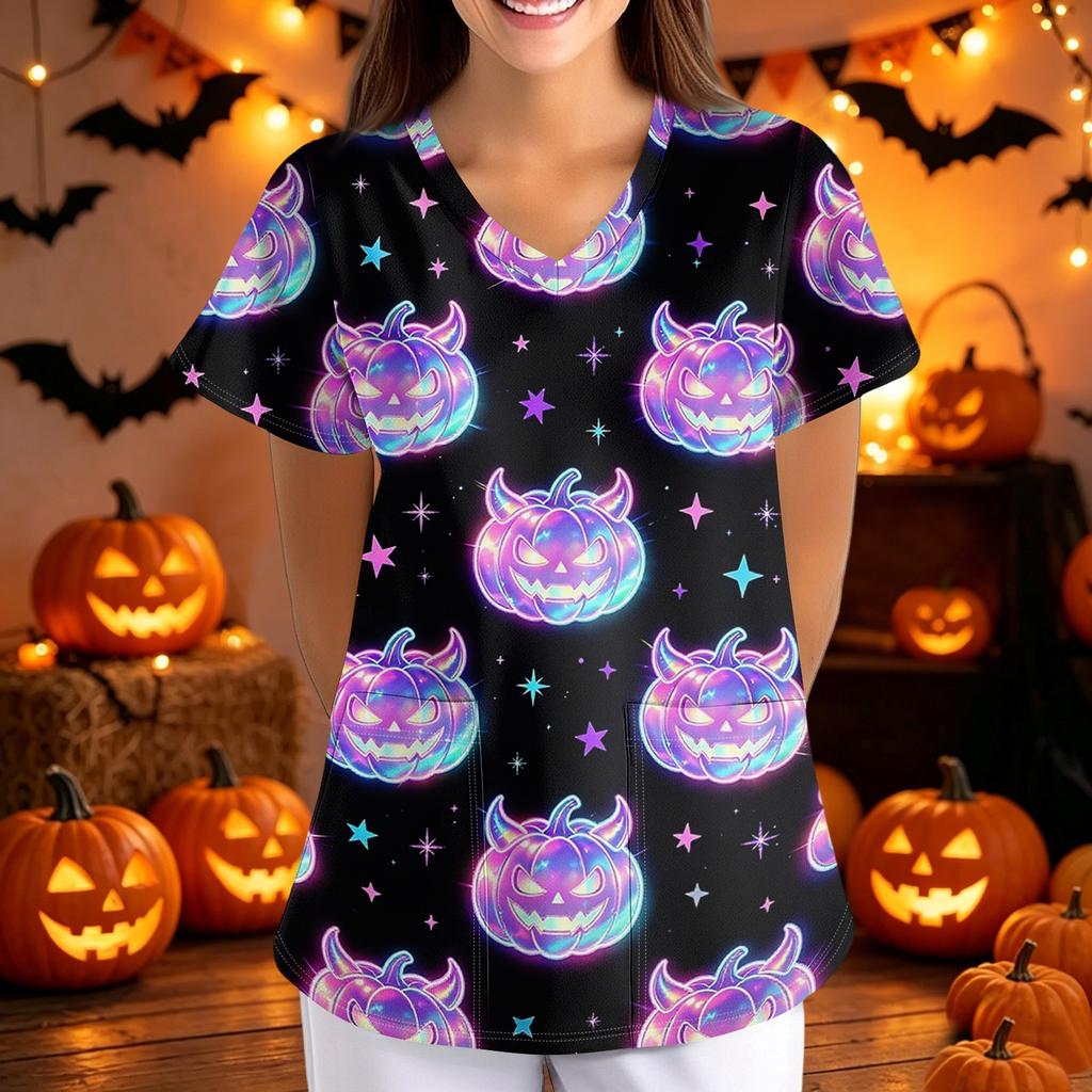 Women Halloween Printed V Neck Loose Fit Short Sleeve Scrub Top with Pockets Soft Fabric Comfortable Shirt
