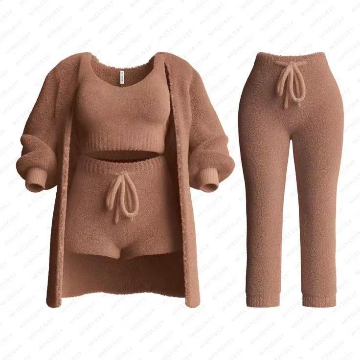 2026 Autumn/Winter Knit Plush Long-Sleeve Jacket, Vest, Shorts, and Three-Piece Set