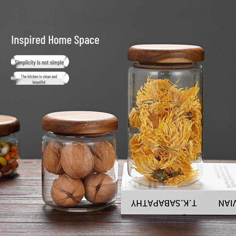 Acacia Wood Lid Borosilicate Glass Folding Storage Jar - Sealed Kitchen Jar