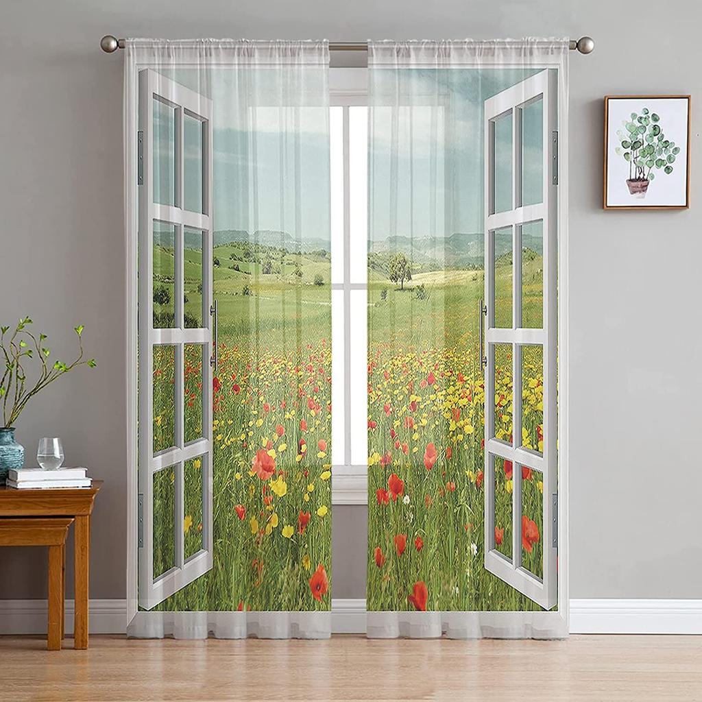 For Living Room Bedroom Space Decoration Chiffon Translucent Voile Kitchen Area Window Opening Drape Drapes - Sunrise Snow Footprints Tulle Curtains