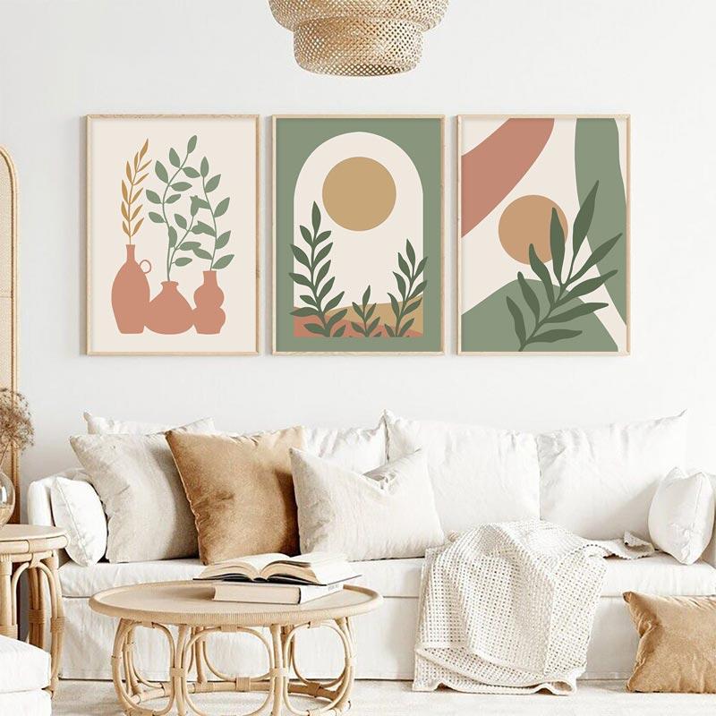 Abstract Boho Landscape Posters Sun Leaves Canvas Painting Geometric Lines Plant Wall Art Pictures For Living Room Home Decor
