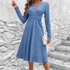 Women's Solid Color Long-sleeved V-neck Knee-length Dress