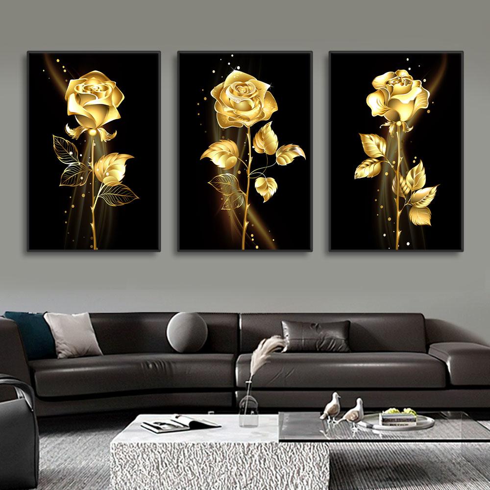 3 Stück Gold Rose Blume Schwarze Leinwandbilder Nordisch Modern Wohnzimmer Wandkunst Dekorative Bilder Wandkunst Poster Drucke